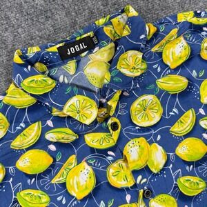 JOGAL Button Up Shirt XXXL Blue Lemon Print Short Sleeve Mens